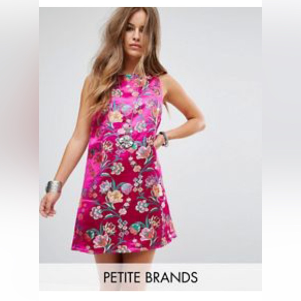 Shift Dress in Hot Pink Satin with Metallic Brocade - NWT - Petite US 4 UK 8